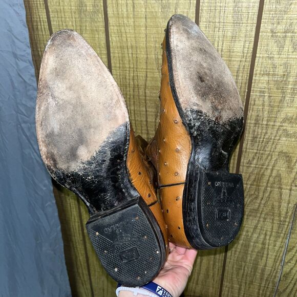 Handcrafted Men Ostrich Skin Western Cowboy Boots Mex Vaquero Roper Almond Toe Men\'s 11